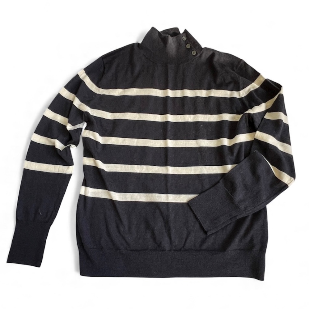 Banana Republic Outlet Sweater Pullover Sz M Blue Cream Striped 100% Merino Wool